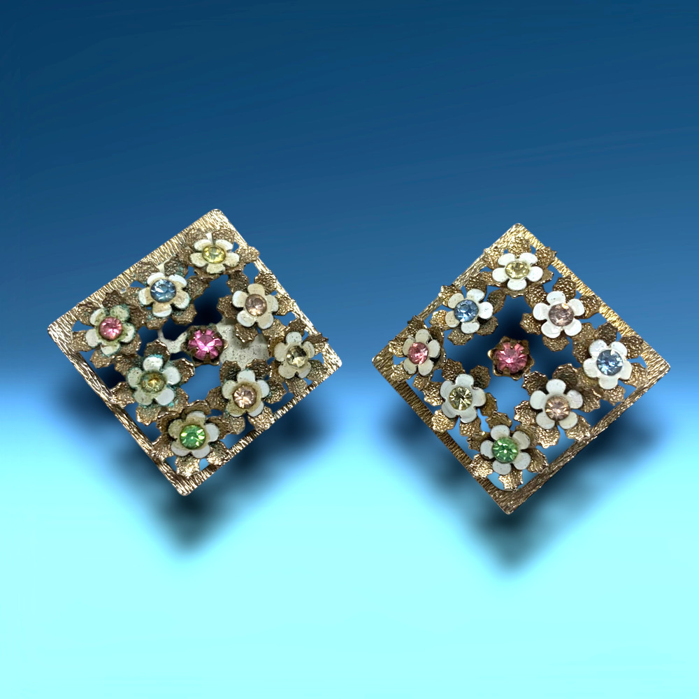 Vintage 1960s Floral Lattice Square Clip On Earrings Spring Crystal Runway